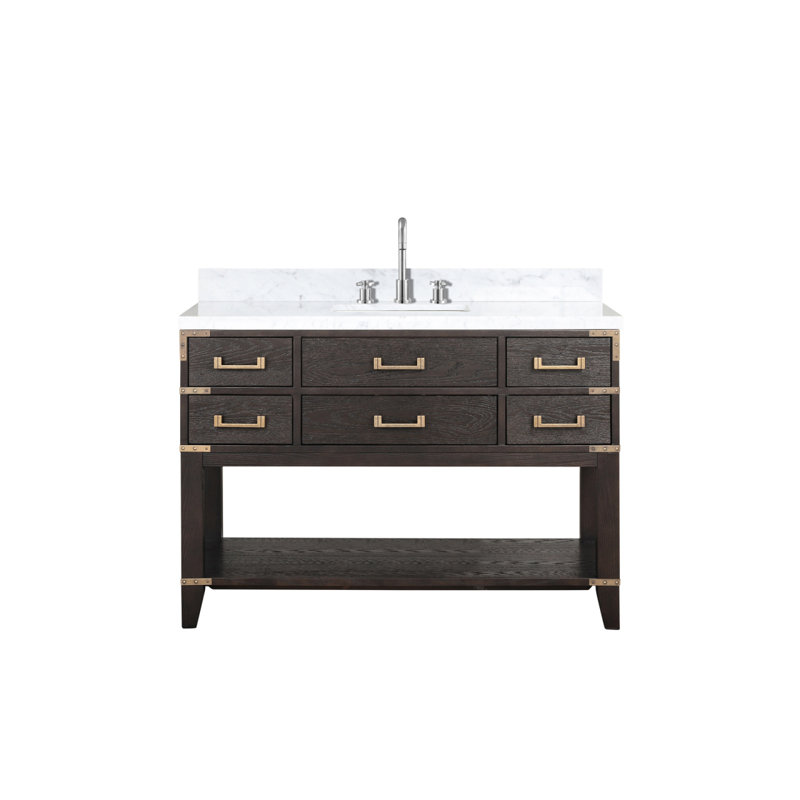 Meuble-lavabo simple en chêne brun 48 po X P 22 po D, dessus en marbre de Carrare et ensemble de robinet