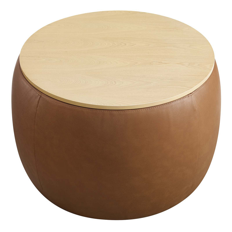 Tan Round Vegan Leather Storage Ottoman with Tray Lid