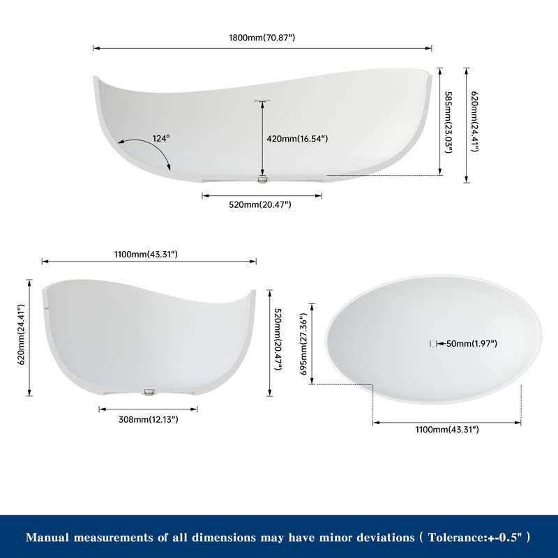 Forma 71'' Wavy Freestanding Tub Solid Surface Freestanding Soaking Bathtub