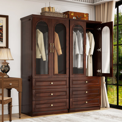 100% Soild Wood Wardrobe Armoire with Drawers, 4-Door Armoire Cabinet with 2 Hanging Rods and 6 Drawers for Bedroom, Cherry Red Finish