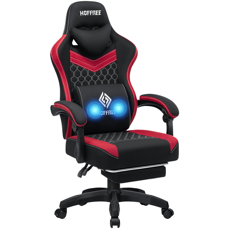 Fauteuil inclinable ergonomique en tissu et jeu de course avec coussin lombaire vibrant, Rouge
