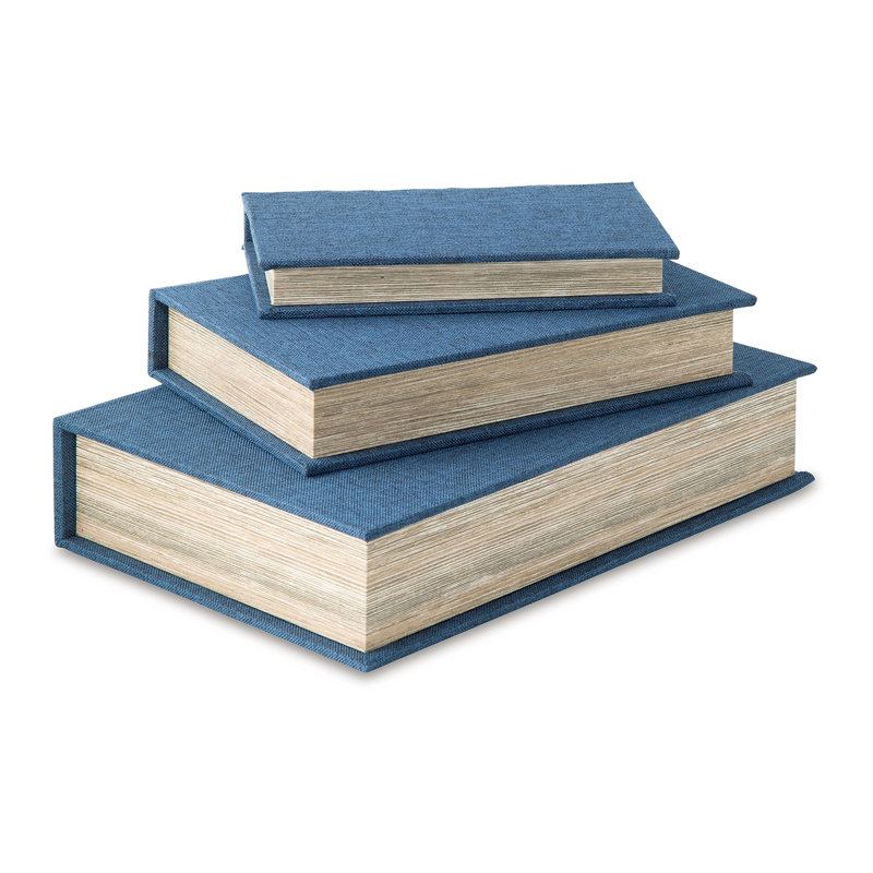 Jolly Decor Storage Box Set Of 3, Blue Book Design, Black Velvet Lining