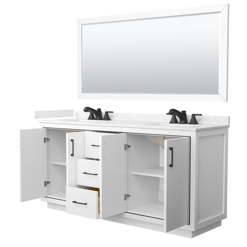 Icon 72" Freestanding Double Bathroom Vanity with Cultured Marble Top, White, Matte Black