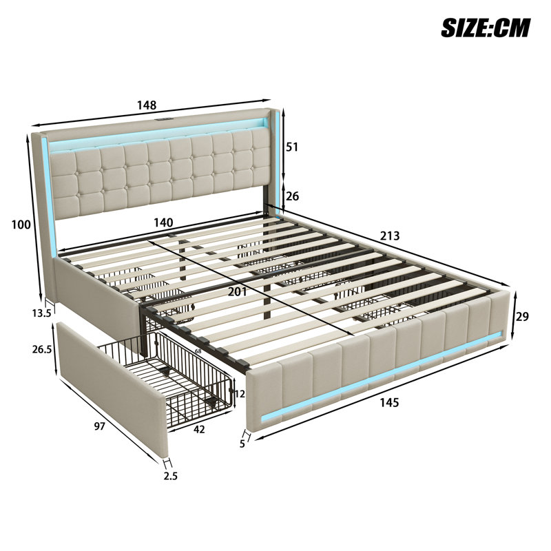 Upholstered Storage Bed with Drawers and LED Light, European Double (140 x 200 cm), Beige