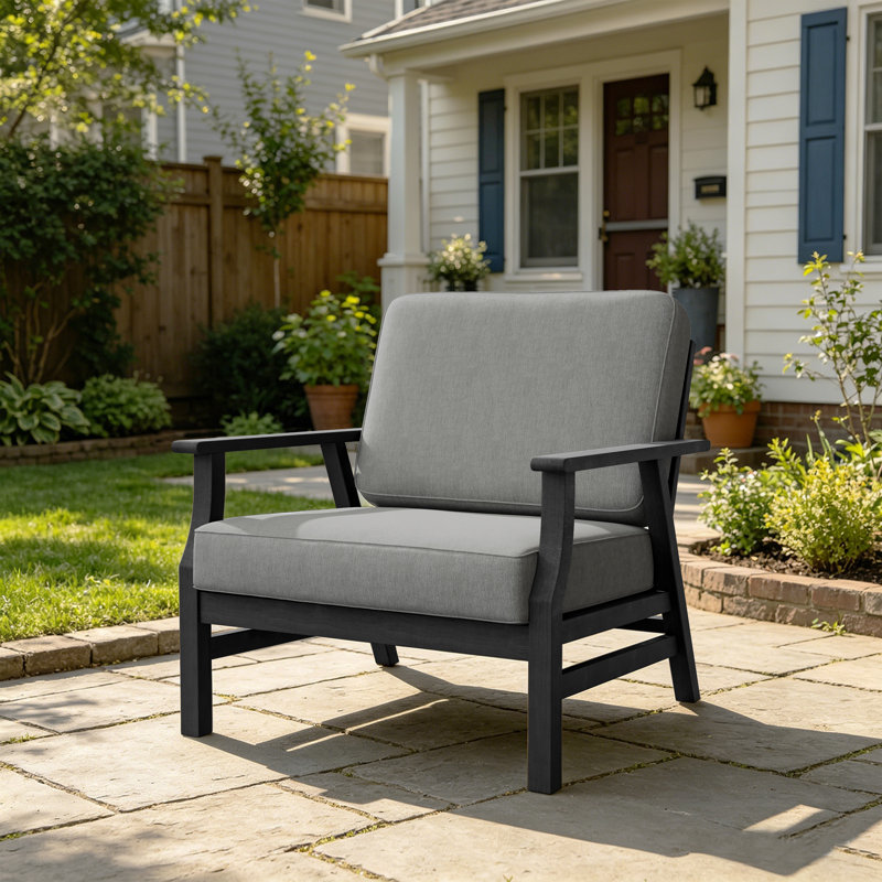 Montelongo Solid Teak Wood Outdoor Lounge Chairs With Cushions, Gray, Black