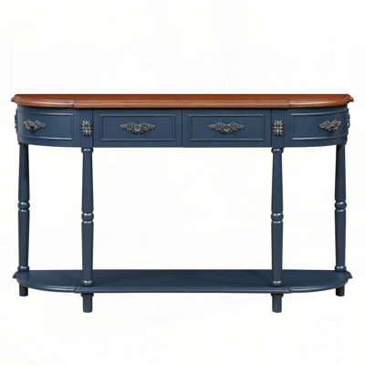 Retro Curved Wood Console Table with Open Shelf and 2 Drawers, Solid Wood Entry Table for Living Room