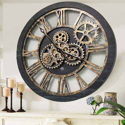 Wall Clock 24" Round Oversized for Living Room decor with Real Moving Gears America Collection