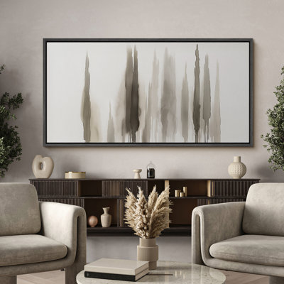 «Neutral Watercolor Pine Trees», toile encadrée - Forêt abstraite verticale dans des tons de gris doux