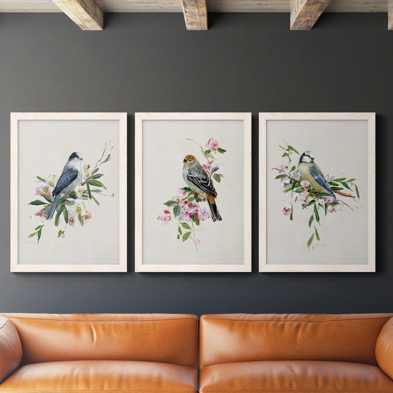 «Spring Song Blue Bird», ensemble de 3 impressions sur toile encadrées, Blanc, H 24 po x l 54 po x P 1,5 po