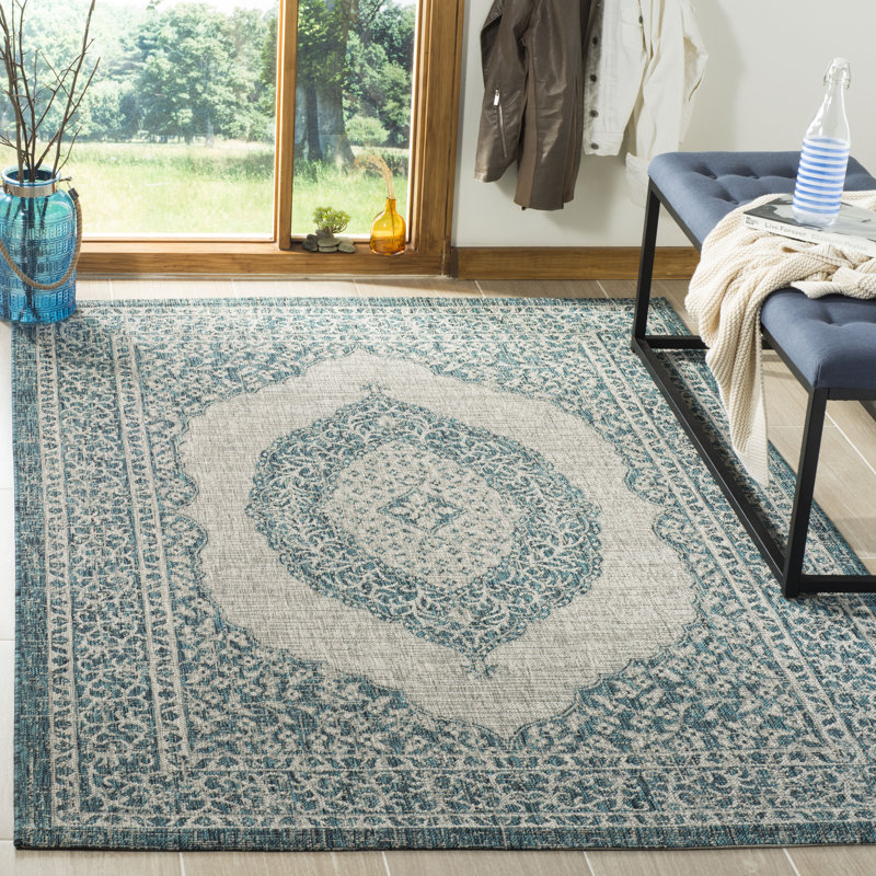 Auburn Light Grey/Teal Indoor/Outdoor Rug, Rectangle 61 x 109 cm