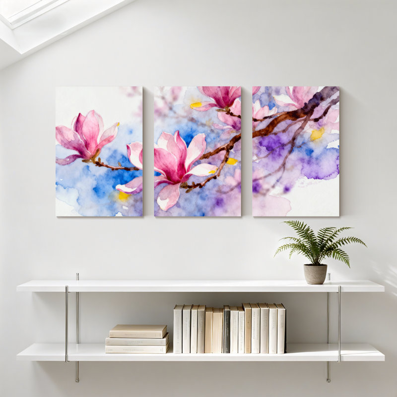 «Magnolia Pink Magnolia Blossoms on Branch», ensemble de 3 impressions sur toile, H 30 po x l 60 po