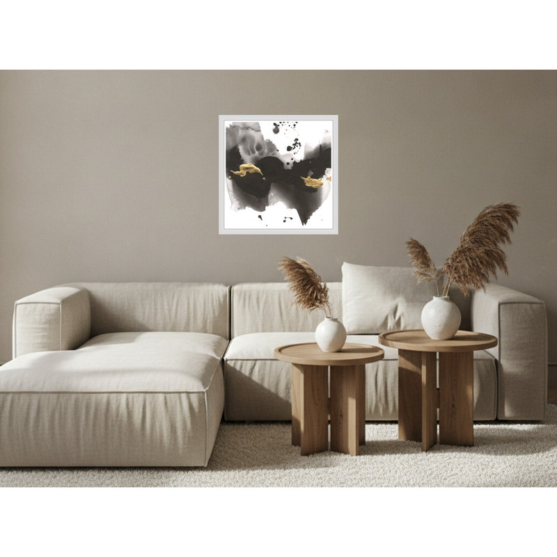 Abstrait monochrome avec accents dorés - Art mural sur toile encadrée, 24" H x 24" W, White