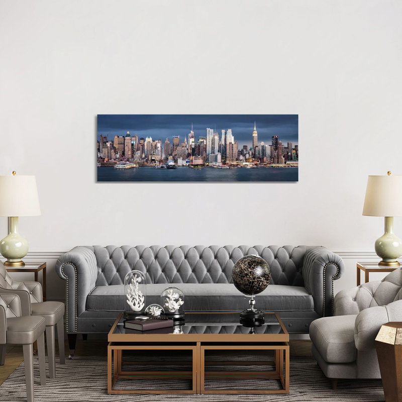 Panoramic View Of The Manhattan Skyline Along The Hudson River by Jan Becke - Wrapped Canvas Panoramic Print