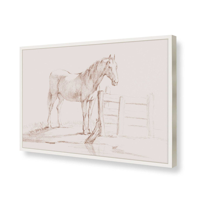 Cheval debout à une clôture par Jean Bernard, reproduction d'art, H 24 po x l 32 po, Blanc