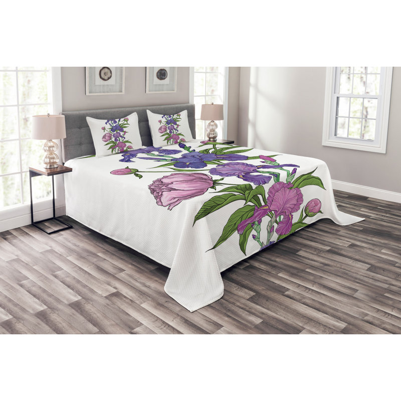 Abniel White/Purple/Green Microfibre  Bedspread Set, 220 x 264 cm