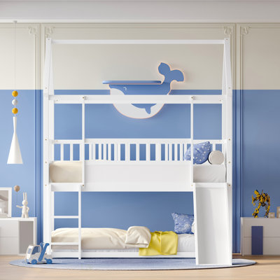 House Bunk Bed With Convertible Slide And Ladder, Twin Over Twin Design With Safety Guardrail For People