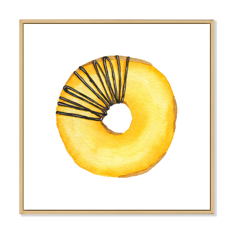 Donut jaune avec chocolat - peinture sur toile, H 31 po x l 31 po x P 1 po, Cadre érable
