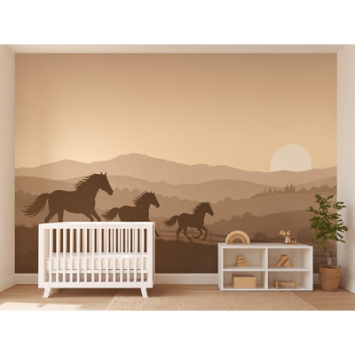 Horses on the Hill Wallpaper Mural, Peel and Stick Kids Room Wall Mural, Layered Silhouette Landscape Nursery Wallpaper