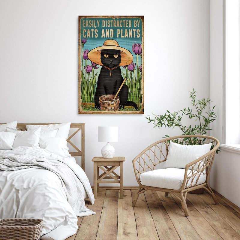 Impression facile sur toile, "Facilement distrait par les chats et les plantes", H 36 po x l 24 po x P 1,25 po