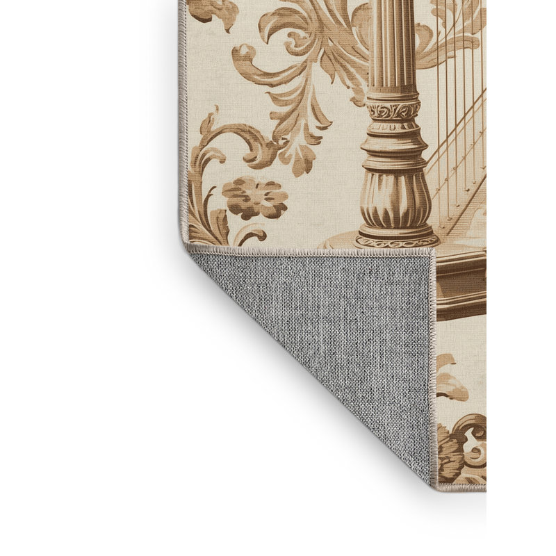 Machine Washable Oweda Harp Classic Damask Rug in Beige – Beige Binding, 5x8