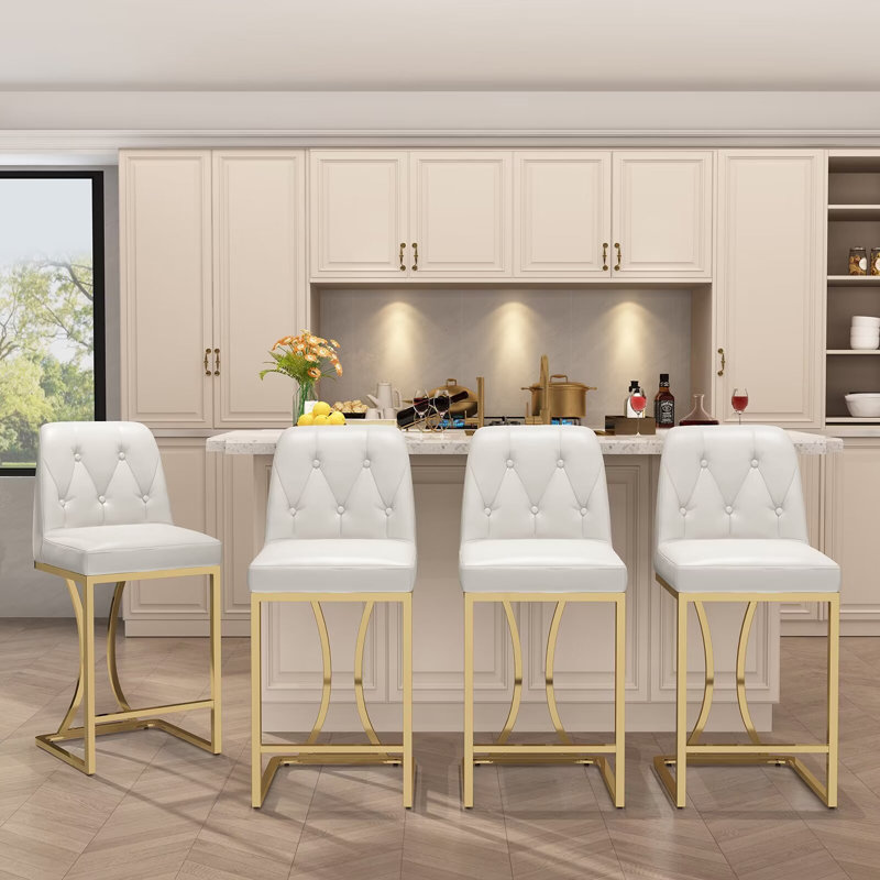 24" White and Gold PU Leather Counter Stools with Metal Frame, Set of 4
