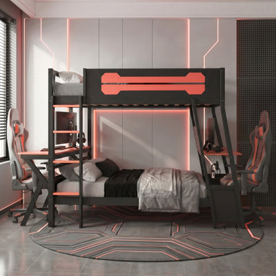 Wood Frame Twin Bunk Bed With Dual Gaming Desks & USB Ports