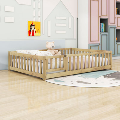 Wood Low Platform Bed With Fence Door And Guardrails