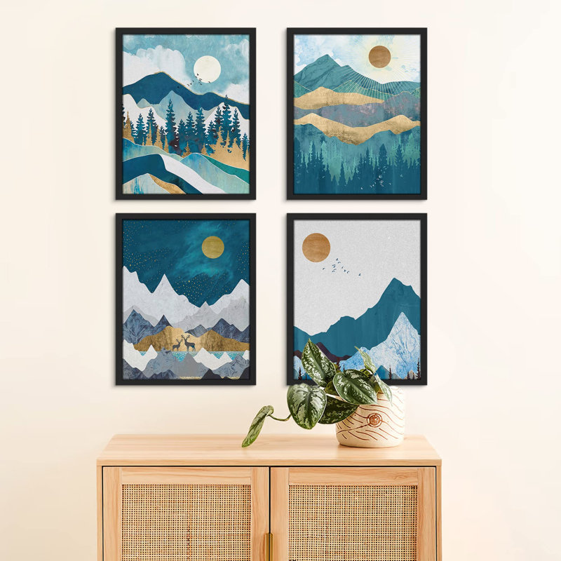 «Teal and Gold Mountain Pine Tree Forest Landscape», impression sur papier 4 pièces, H 16 po x l 12 po, Noir