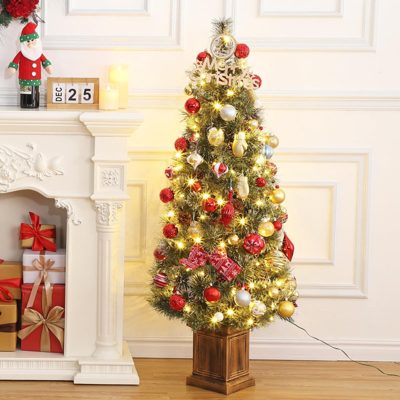 Christmas Tree-Fat Tree Body Contains 4.5Fth Potted Tree 200 Lights, Frost Flowering Cedar, Large Square Pot Base, 4 Red Fruits