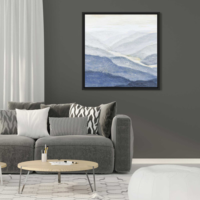 Blue Mountains I - peinture, L 21,5 po x H 21,5 po, Cadre noir
