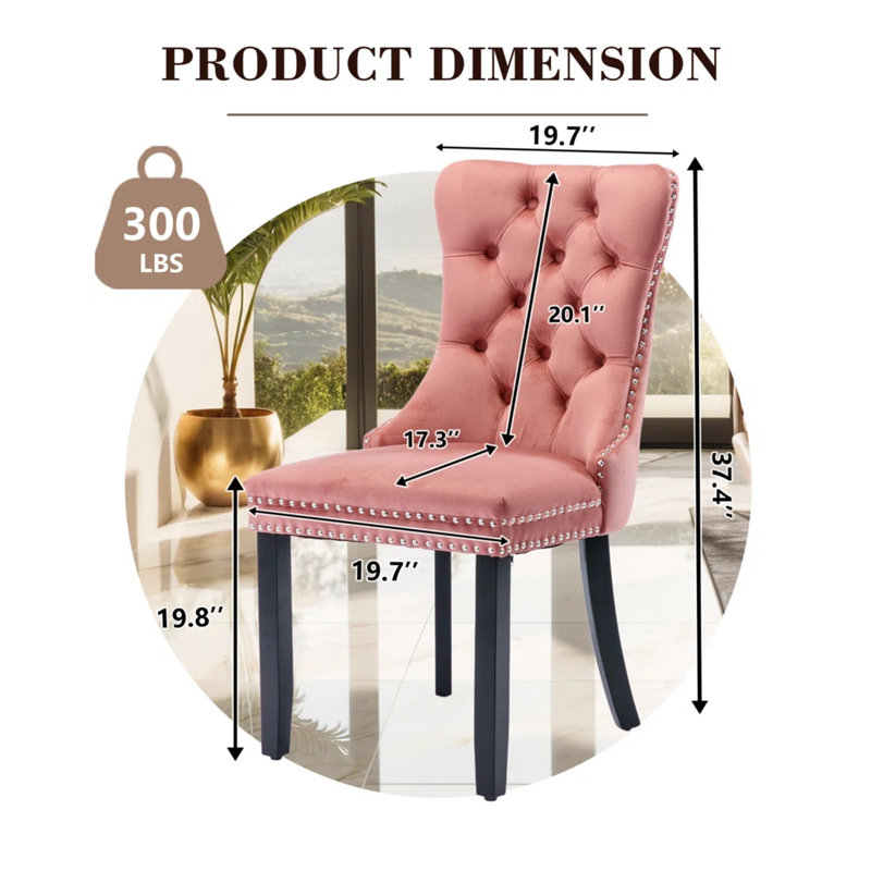2PCS Modern Velvet Wingback Tufted Solid Wood Upholstered Dining Chairs (Set of 2), Pink