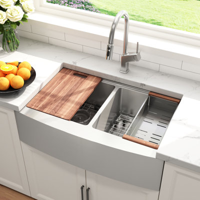 Blenzia 36 Inch Double Bowl Workstation 16 Gauge Stainless Steel Farmhouse Apron Front Kitchen Sink 36" x 21" x 10"