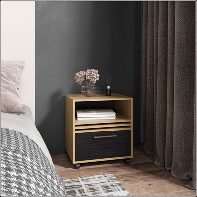 Table de chevet à un tiroir de 20 pouces de hauteur avec roulettes et tablette, mobile et compacte Vance pour chambres à coucher modernes