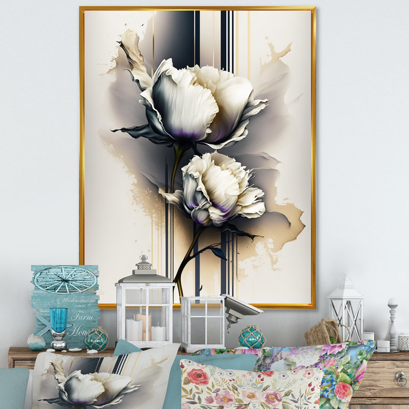 Peinture de pivoines blanches sur fond beige doré - Peinture sur toile, H 32 po x l 24 po x P 1 po