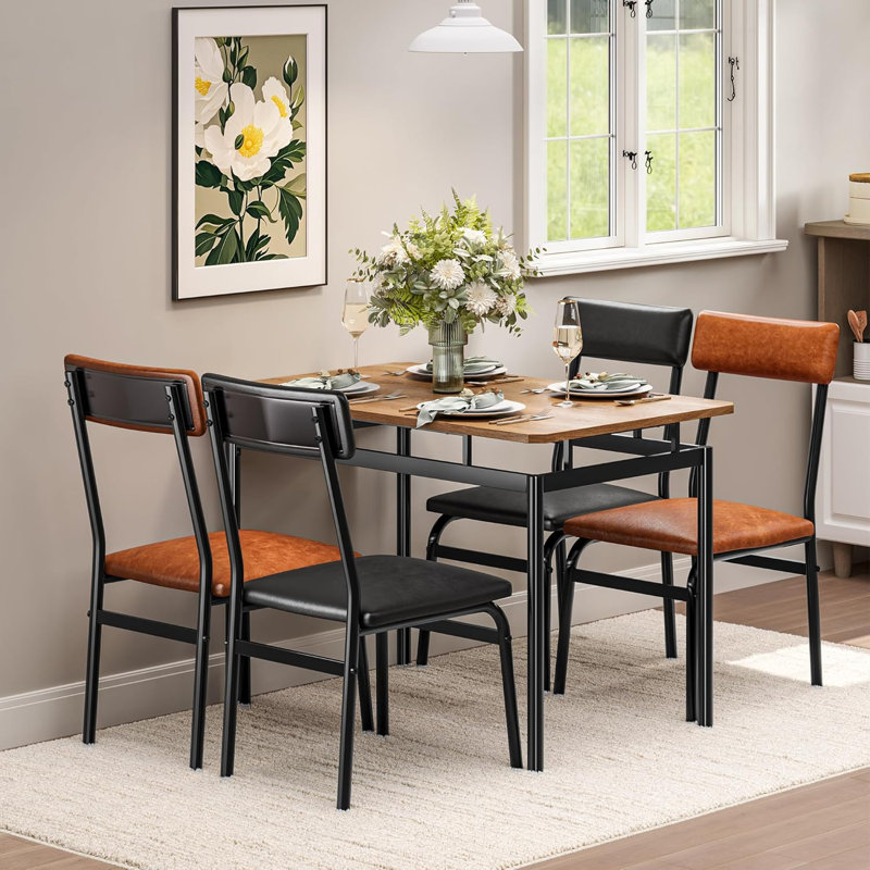 5-Piece Dining Table Set for 4, Wood & Metal Kitchen Dinner Table Set with 4 Upholstered Chairs, Modern Design and Space-Saving, for Dining Room, Apartment, Easy to Assemble, Brown + Black