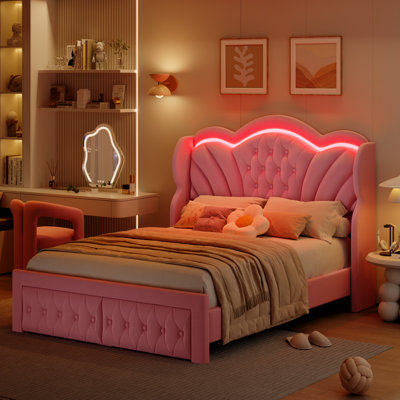 Velvet Upholstered Wingback Bed, Storage Bed with LED Lights