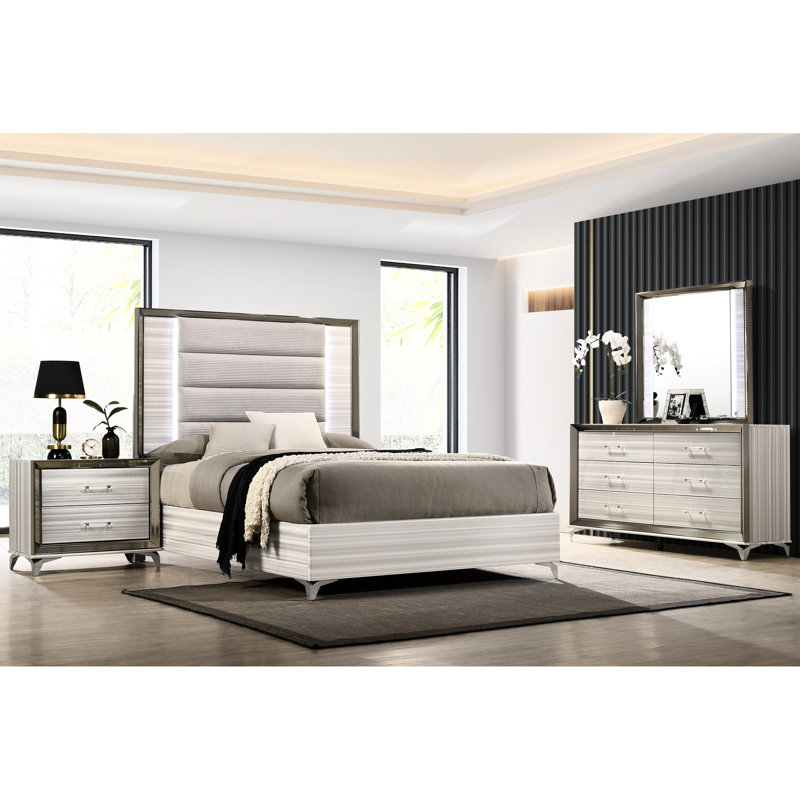 Table de chevet blanche Modern Star: rangement spacieux, lampe à DEL intégrée, 2 tiroirs, glissières à double tiroir, table de chevet avec poignées en acrylique