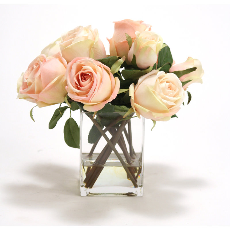 Arrangement floral roses en soie dans un vase, H 11 po x l 13 po x P 10 po, Rose