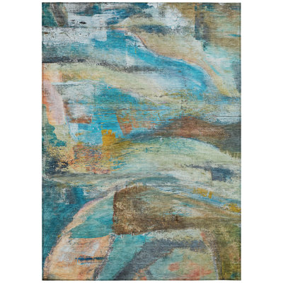 Machine Washable Indoor/Outdoor Xhevrie Teal Rug