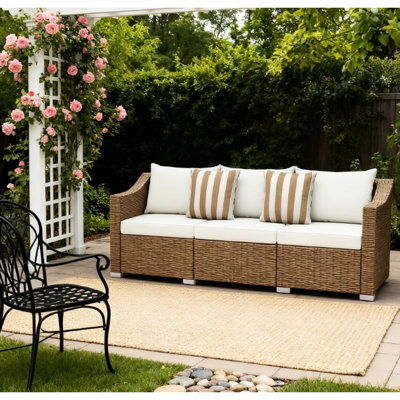 Mobilier de jardin toutes saisons avec coussins épais et esthétique neutre - Capacité de 361 kg, 201 cm x 65 cm x 73 cm, blanc crème, structure stable, teinte naturelle, cadre