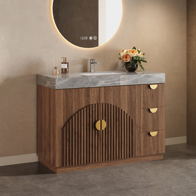 48" Mid-Century Freestanding Bathroom Vanity with Sintered Stone Top, Wood Storage Cabinet with Fluted Door & 3 Drawers