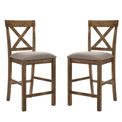 De 2 chaises de salle à manger rembourrées en lin sans accoudoirs avec siège en X, brun clair et chêne antique, siège uni rembourré, siège à hauteur de comptoir en chêne patiné