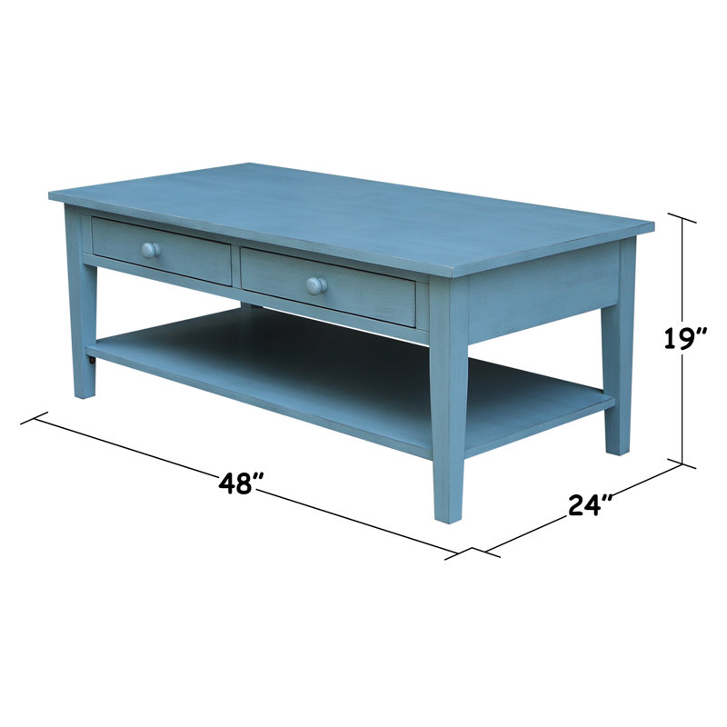 Table basse 4 pieds en bois massif avec rangement Tiller, Bleu océan antique frotté