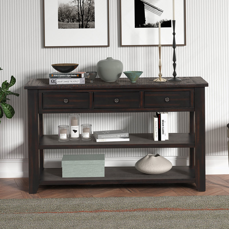 Console en bois de pin massif 48 po, table d'appoint moderne avec 3 tiroirs de rangement et 2 tablettes, facile à assembler