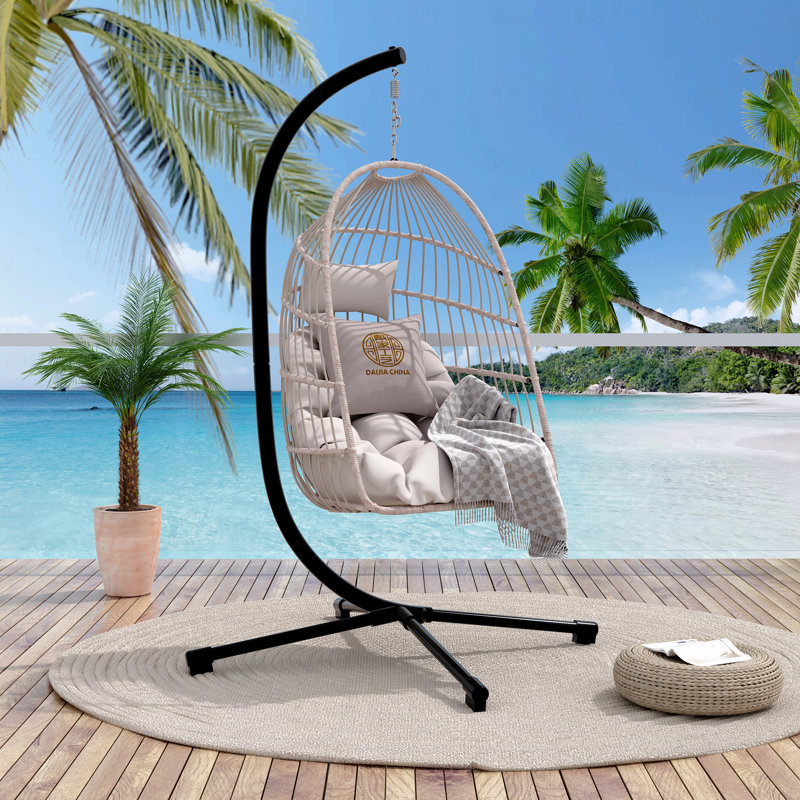 Outdoor Patio Hanging Egg Chair, Foldable PE Rattan And Heavy Duty Aluminum-Steel Frame, With Stand, Headrest And Cushioned Pillow