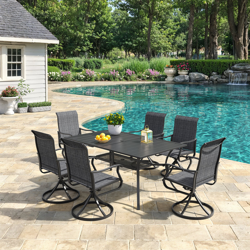 Ensemble repas pour 6 personnes avec table de salle à manger rectangulaire et 6 chaises pivotantes PVC-coated polyester