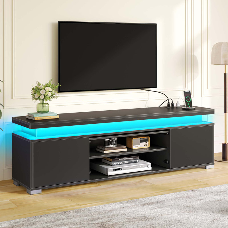 TV Stand for TVs up to 65", Entertainment Center with Storage, RGB LED Lights and 4 AC Outlets, Black