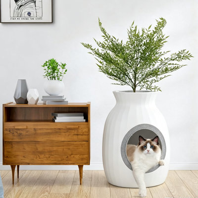 Cat Litter Box Enclosure Plant Pot Design, Hidden Cat Litter Furniture with Plasma Odor Control & LED Lights, Durable ABS Large Indoor Cat Toilet for Living Room, Corner & Patio