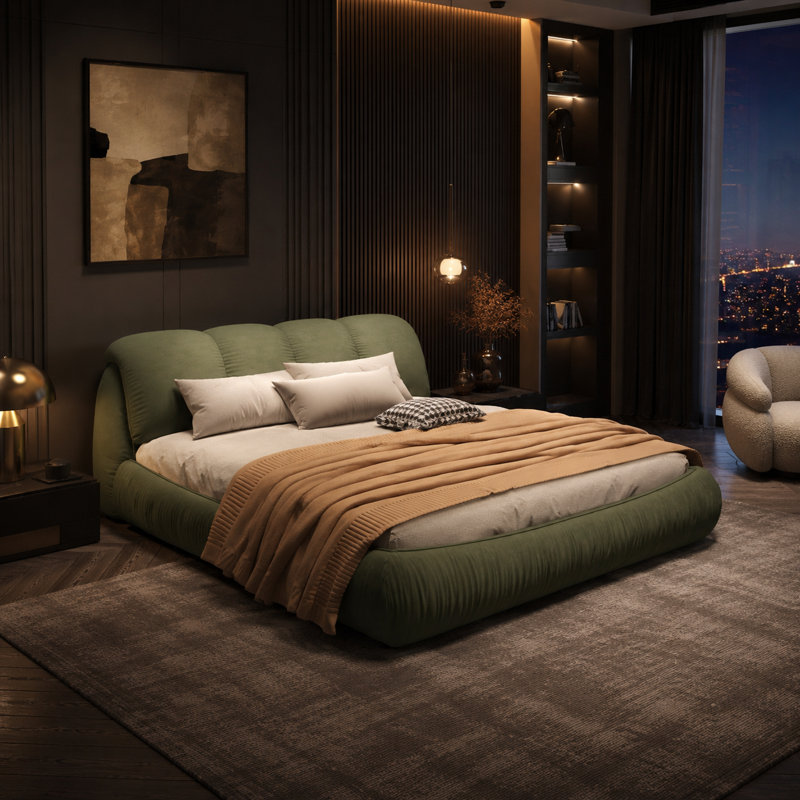 Lit plateforme tapissier moderne en polyester avec pieds en bois massif, King, Vert