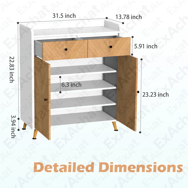 Shoe Cabinet, 4-Tier Shoe Rack Organizer with 2 Drawer, Herringbone Wooden Freestanding Shoe Storage Cabinet with 2 Door & Adjustable Shelves for Entryway Hallway (white+Natural)
